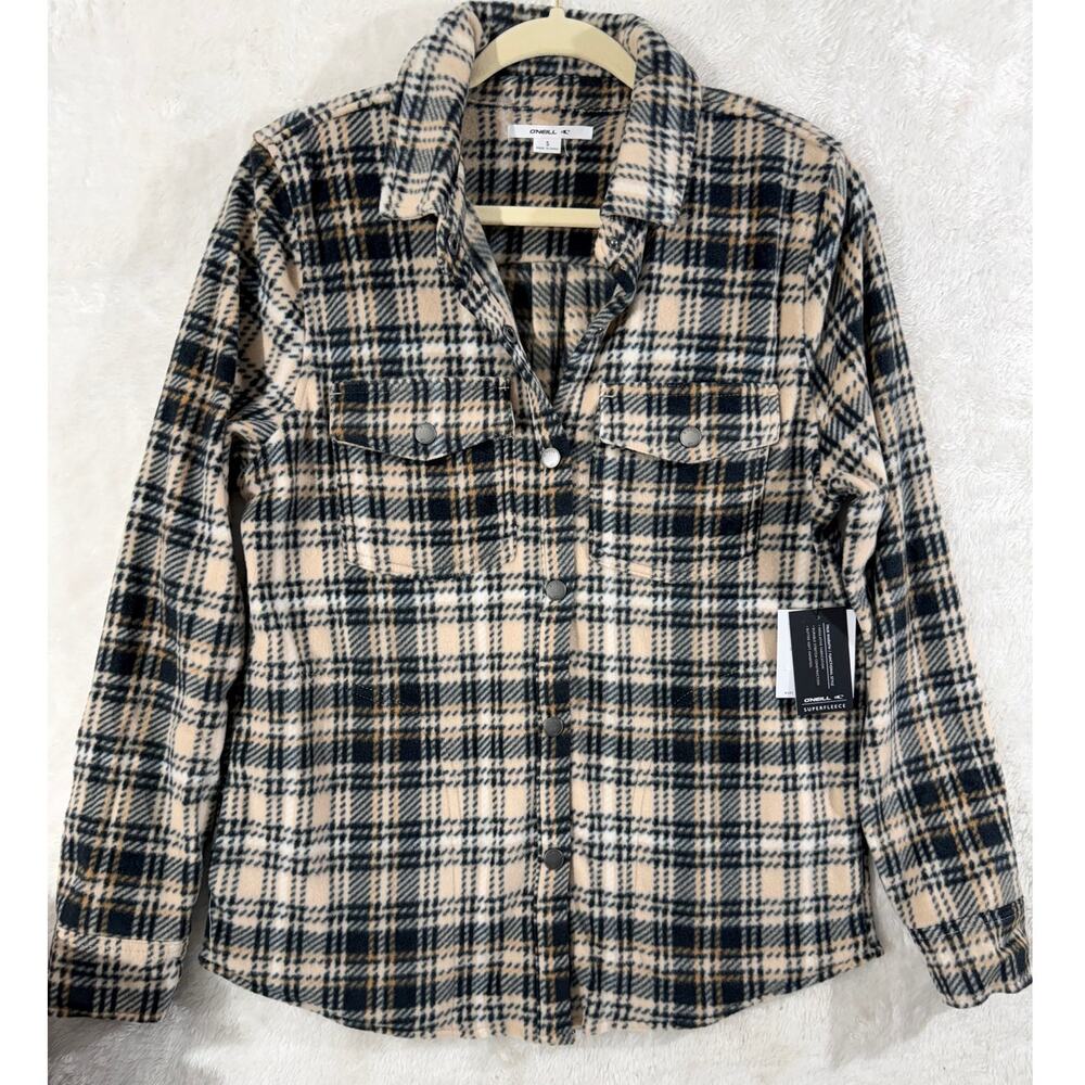 Oneill Zuma Superfleece Shacket Size S NWT Snap-Up Plaid Chest Pocket Side Pkt